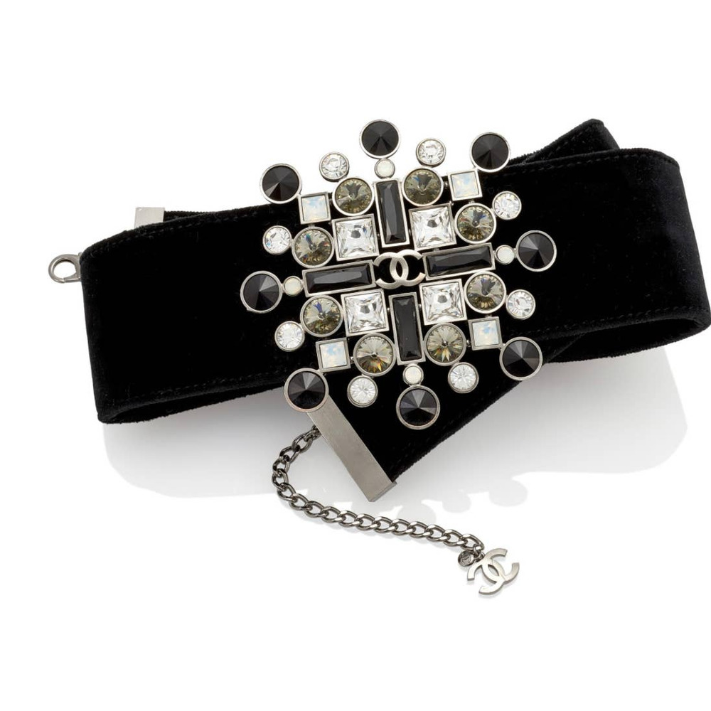 CHANEL black velvet wide Pastae belt large crystal buckle 06 rare 36 90